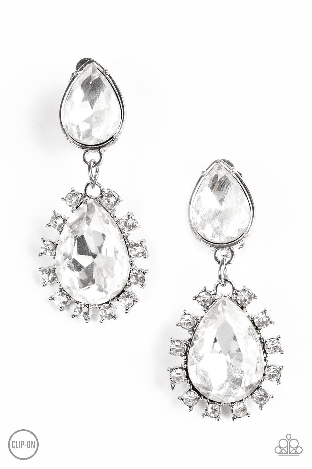 Sink or Swim White Rhinestone Clip-on Earrings - Paparazzi Accessories- lightbox - CarasShop.com - Paparazzi Jewelry by Cara Jewels