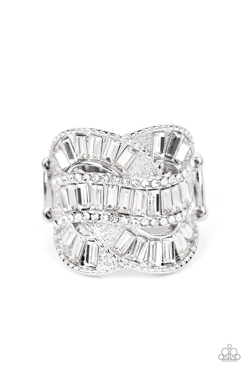 Six-Figure Flex White Rhinestone Ring - Paparazzi Accessories- lightbox - CarasShop.com - Paparazzi Jewelry by Cara Jewels
