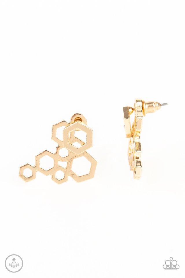 Six-Sided Shimmer Gold Double-sided Post Earrings - Paparazzi Accessories- on model - CarasShop.com - Paparazzi Jewelry by Cara Jewels