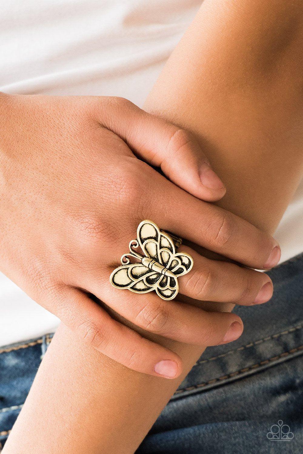 Sky High Butterfly Brass Butterfly Ring - Paparazzi Accessories- lightbox - CarasShop.com - Paparazzi Jewelry by Cara Jewels