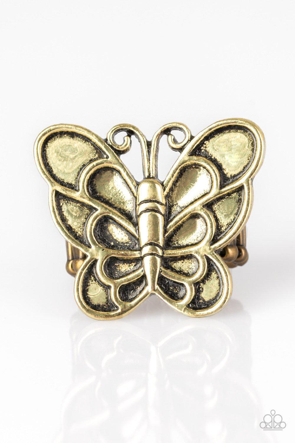 Sky High Butterfly Brass Butterfly Ring - Paparazzi Accessories- on model - CarasShop.com - Paparazzi Jewelry by Cara Jewels