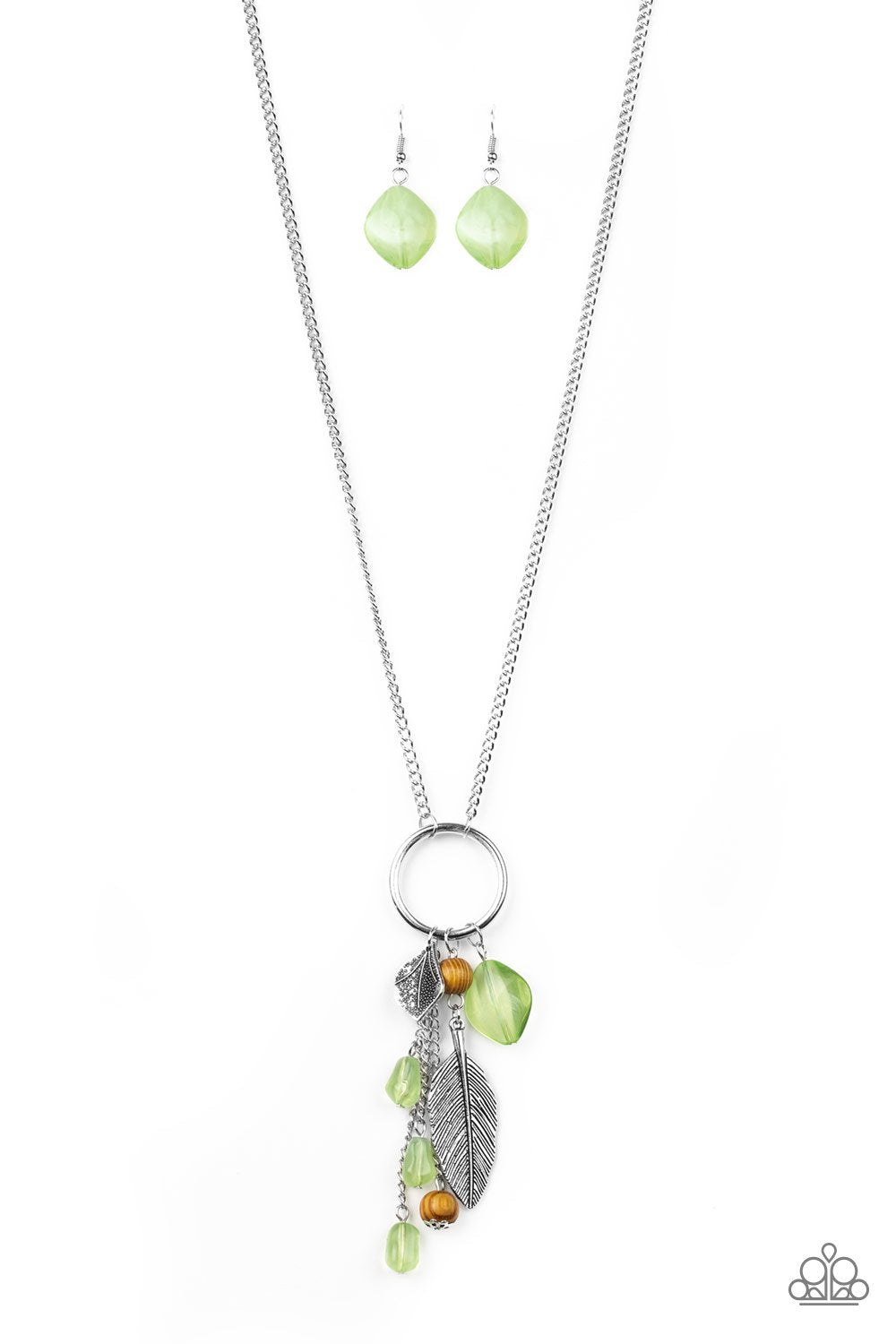 Sky High Style Green and Silver Feather Charm Necklace - Paparazzi Accessories- lightbox - CarasShop.com - Paparazzi Jewelry by Cara Jewels