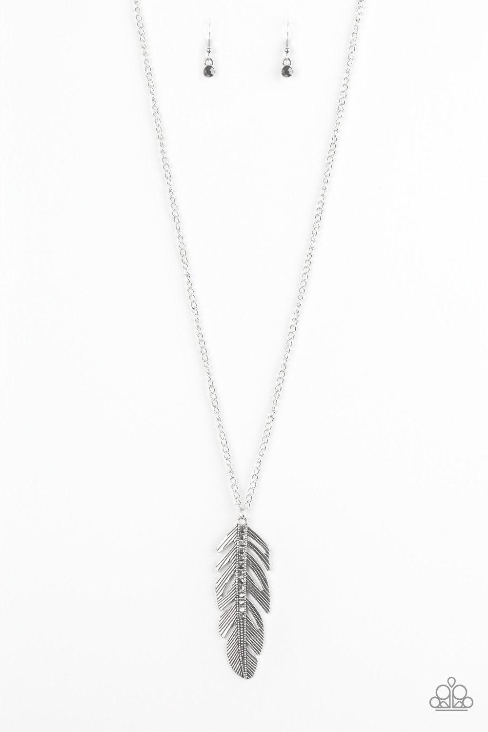 Sky Quest Silver Feather Necklace - Paparazzi Accessories- lightbox - CarasShop.com - Paparazzi Jewelry by Cara Jewels