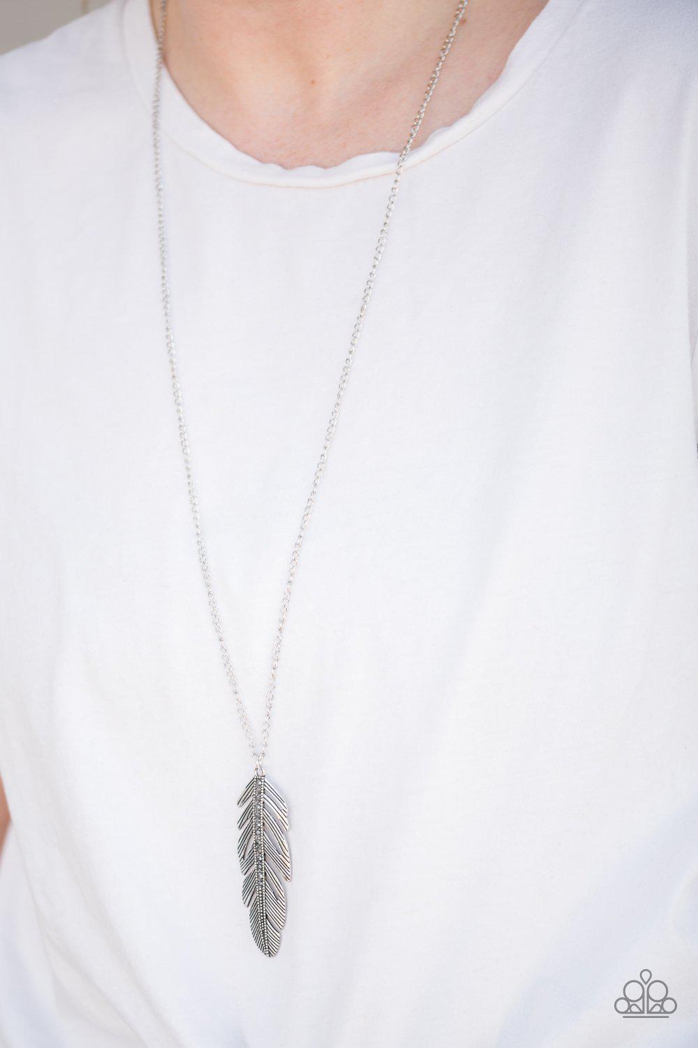 Sky Quest Silver Feather Necklace - Paparazzi Accessories- on model - CarasShop.com - Paparazzi Jewelry by Cara Jewels