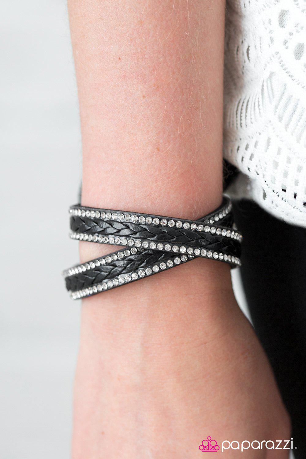 Slay The Field Black Leather Double-wrap Snap Bracelet - Paparazzi Accessories- lightbox - CarasShop.com - Paparazzi Jewelry by Cara Jewels