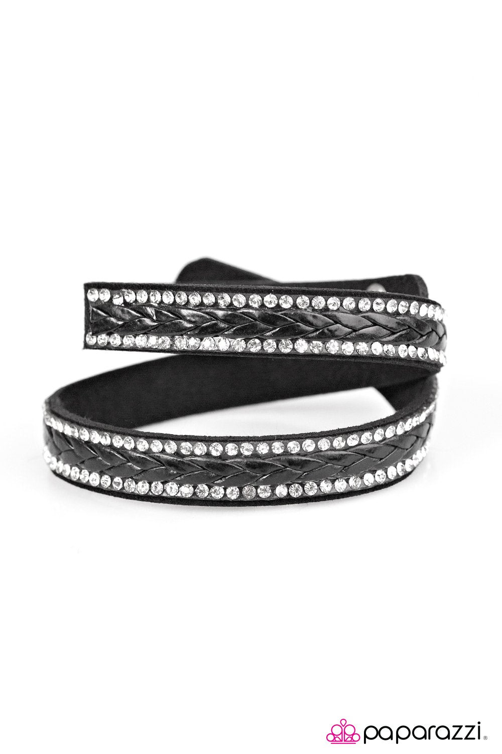 Slay The Field Black Leather Double-wrap Snap Bracelet - Paparazzi Accessories- on model - CarasShop.com - Paparazzi Jewelry by Cara Jewels