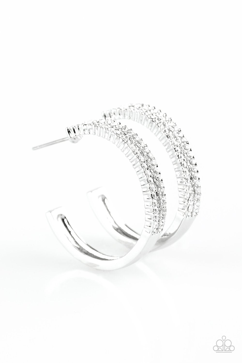 Slay Your Way White Rhinestone Hoop Earrings - Paparazzi Accessories- on model - CarasShop.com - Paparazzi Jewelry by Cara Jewels
