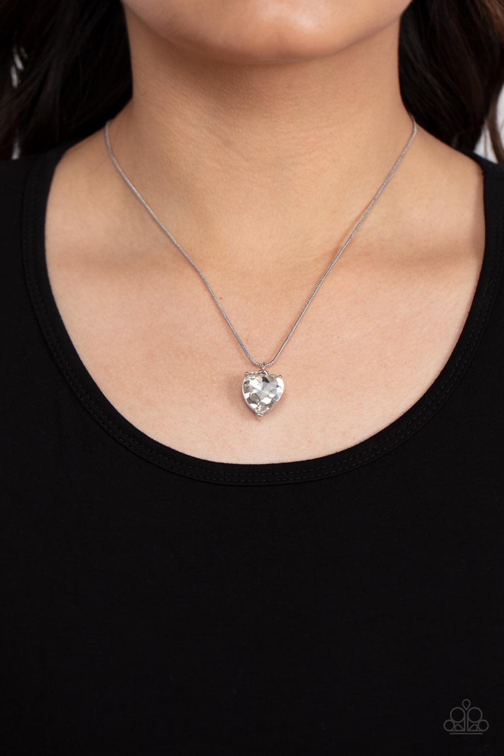 Smitten with Style White Rhinestone Heart Necklace - Paparazzi Accessories- lightbox - CarasShop.com - Paparazzi Jewelry by Cara Jewels