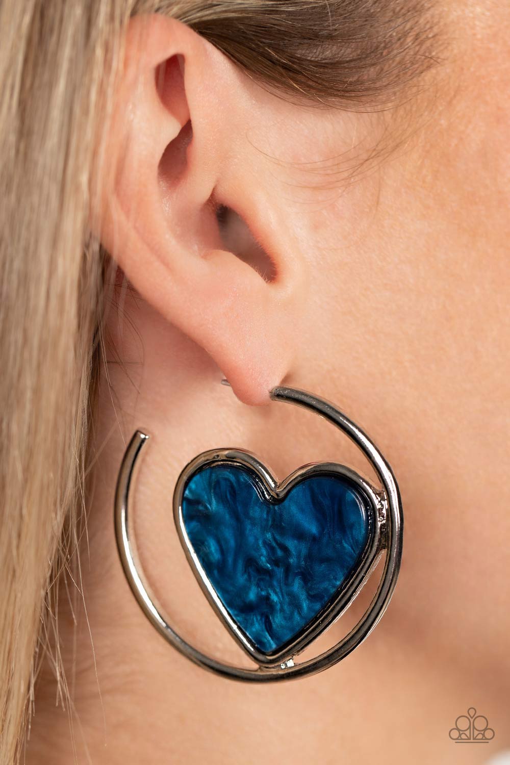 Smitten with You Blue Heart Hoop Earrings - Paparazzi Accessories- on model - CarasShop.com - Paparazzi Jewelry by Cara Jewels