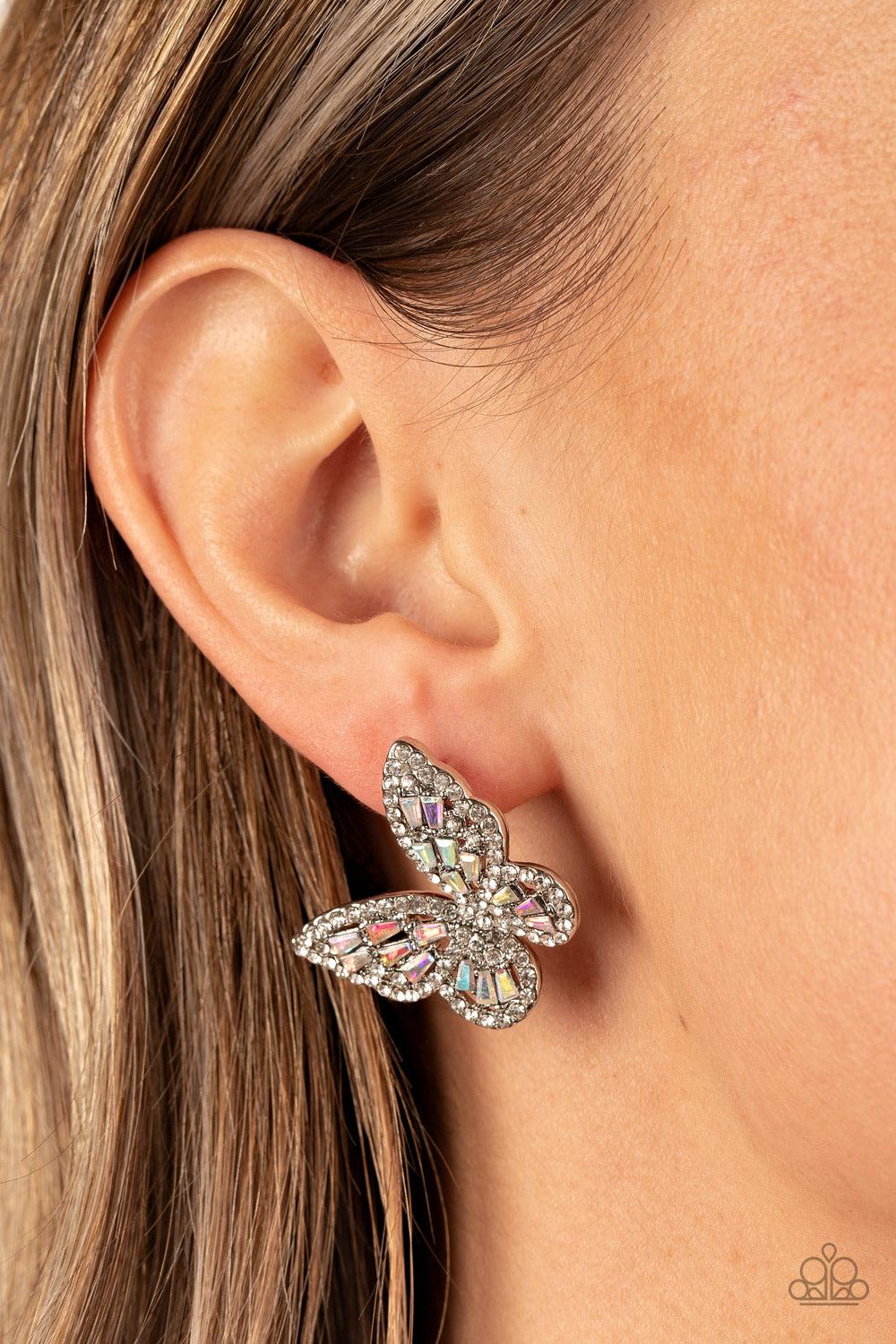 Smooth Like FLUTTER Multi Iridescent Gem Butterfly Earrings - Paparazzi Accessories- on model - CarasShop.com - Paparazzi Jewelry by Cara Jewels