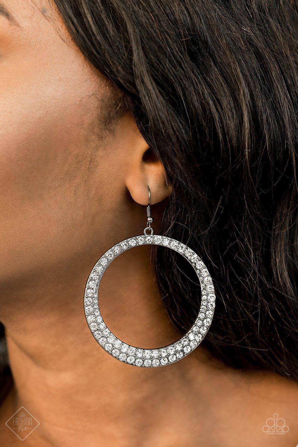 So Demanding Black Gunmetal and White Rhinestone Hoop Earrings - Paparazzi Accessories- on model - CarasShop.com - Paparazzi Jewelry by Cara Jewels