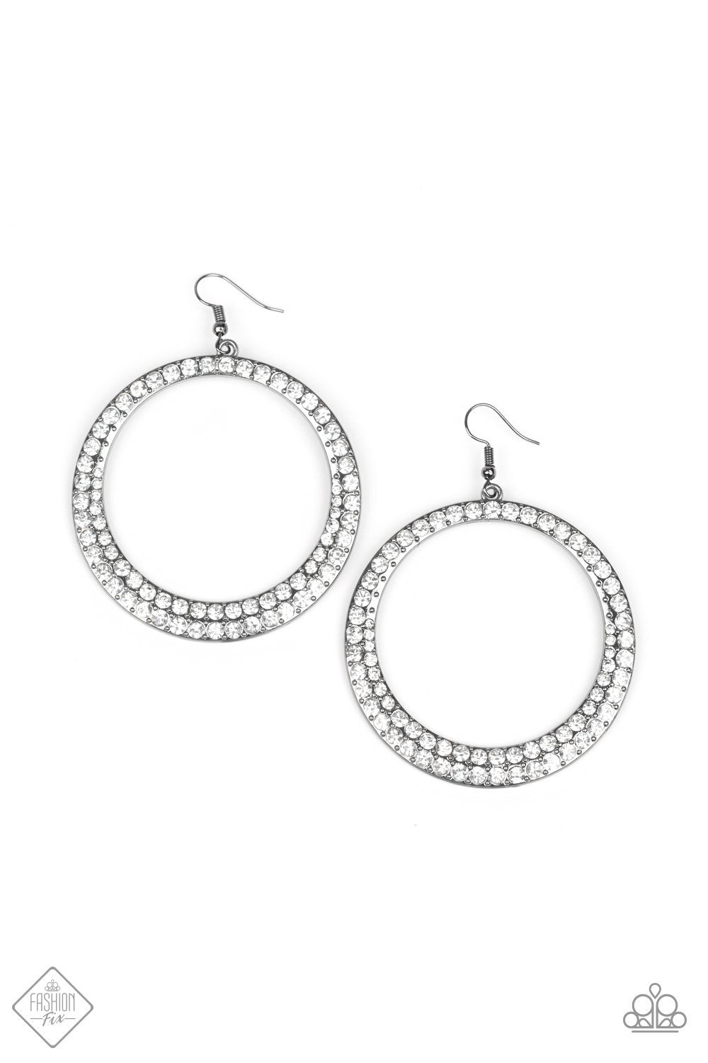 So Demanding Black Gunmetal and White Rhinestone Hoop Earrings - Paparazzi Accessories- lightbox - CarasShop.com - Paparazzi Jewelry by Cara Jewels