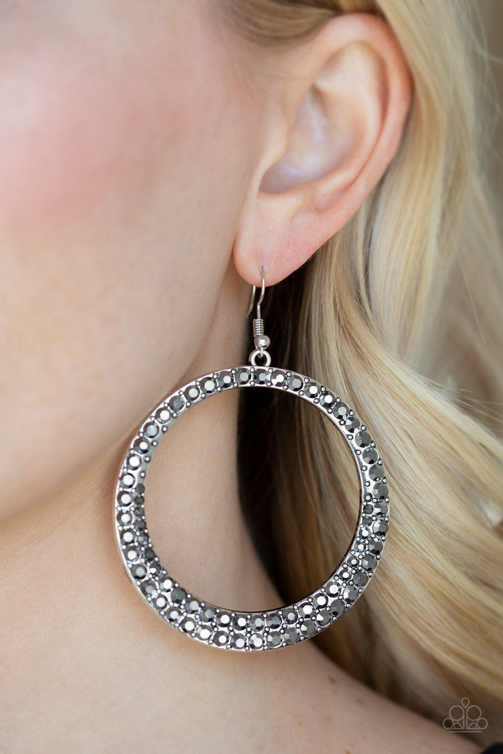 So Demanding Silver Hematite Rhinestone Hoop Earrings - Paparazzi Accessories- lightbox - CarasShop.com - Paparazzi Jewelry by Cara Jewels