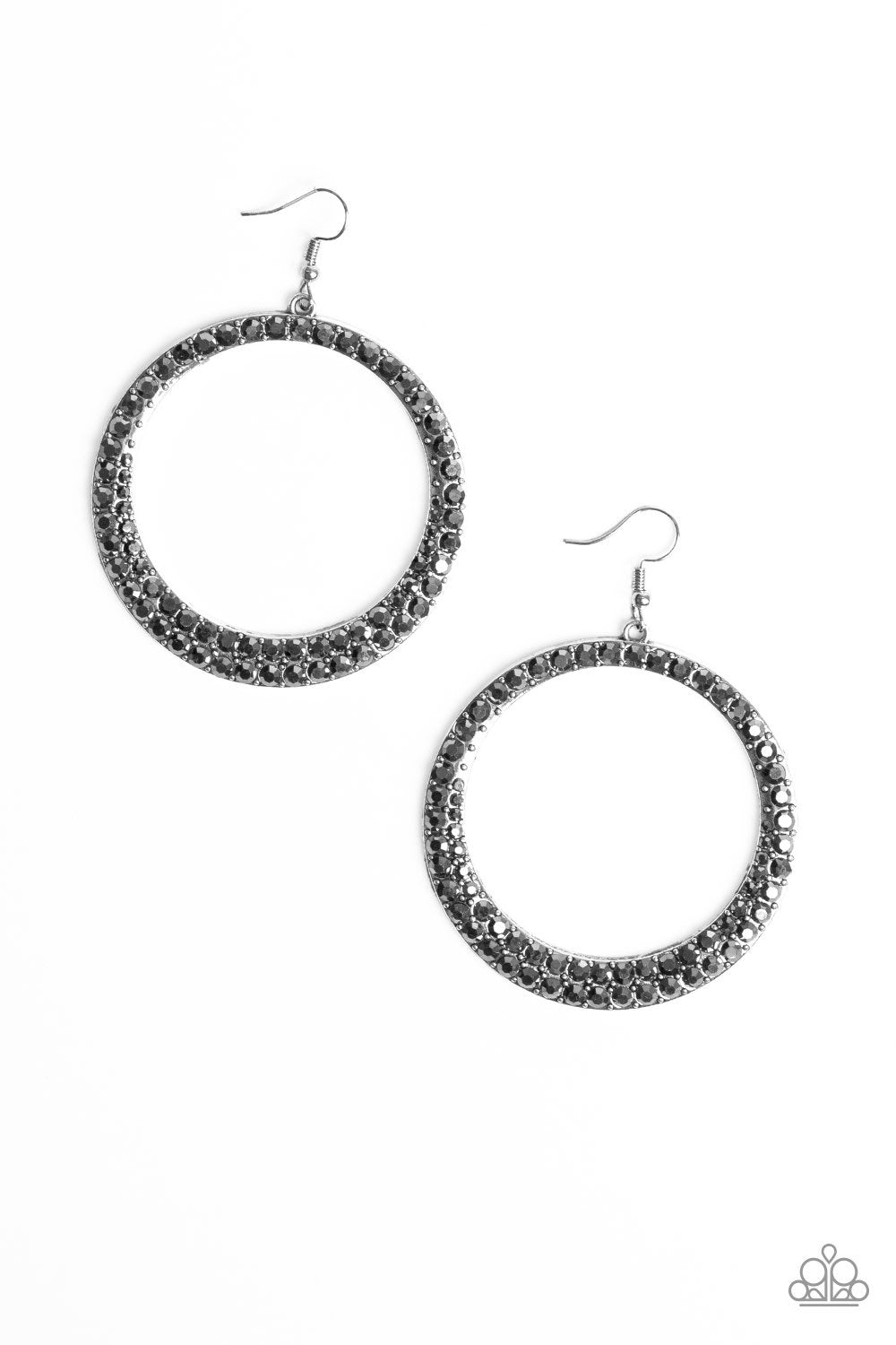 So Demanding Silver Hematite Rhinestone Hoop Earrings - Paparazzi Accessories- on model - CarasShop.com - Paparazzi Jewelry by Cara Jewels