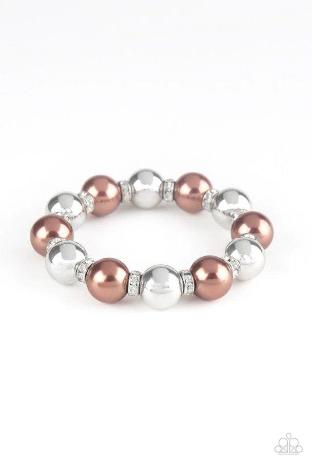 all dressed uptown brown paparazzi Ornamental Outfit - Brown Pearl UV Silver Bead Stretchy Bracelet