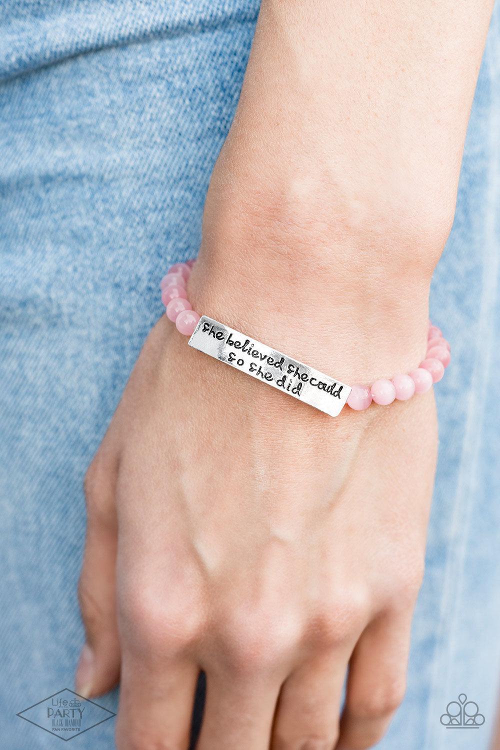 So She Did Inspirational Pink Cat's Eye Stone Bracelet - Paparazzi Accessories- on model - CarasShop.com - Paparazzi Jewelry by Cara Jewels