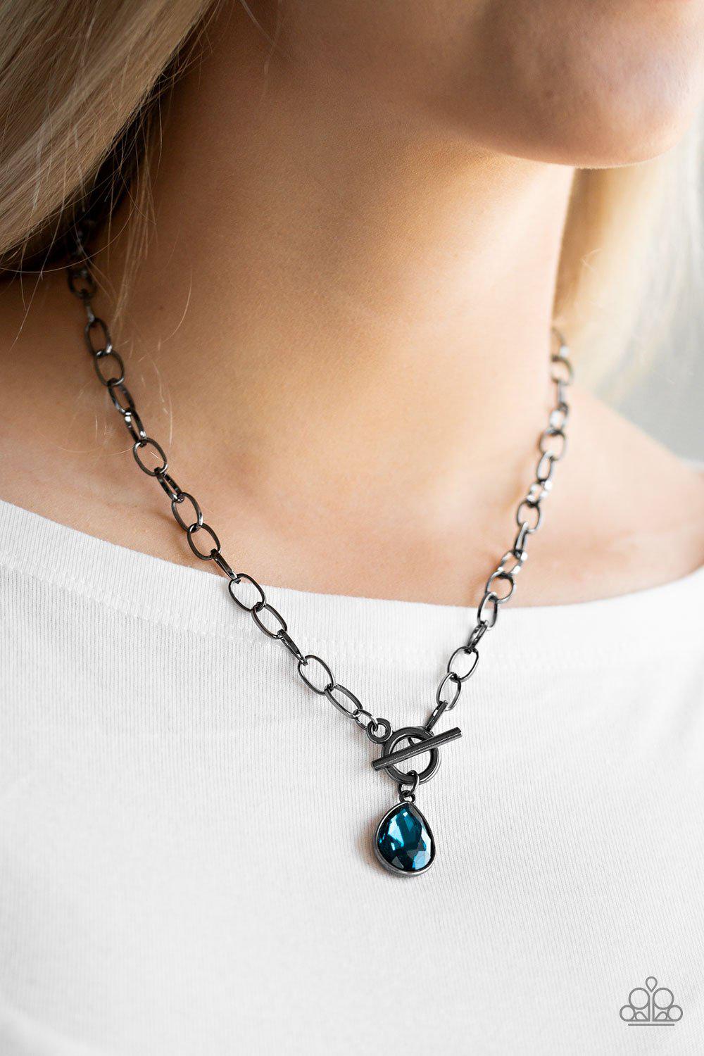 So Sorority Gunmetal and Blue Gem Necklace - Paparazzi Accessories- lightbox - CarasShop.com - Paparazzi Jewelry by Cara Jewels