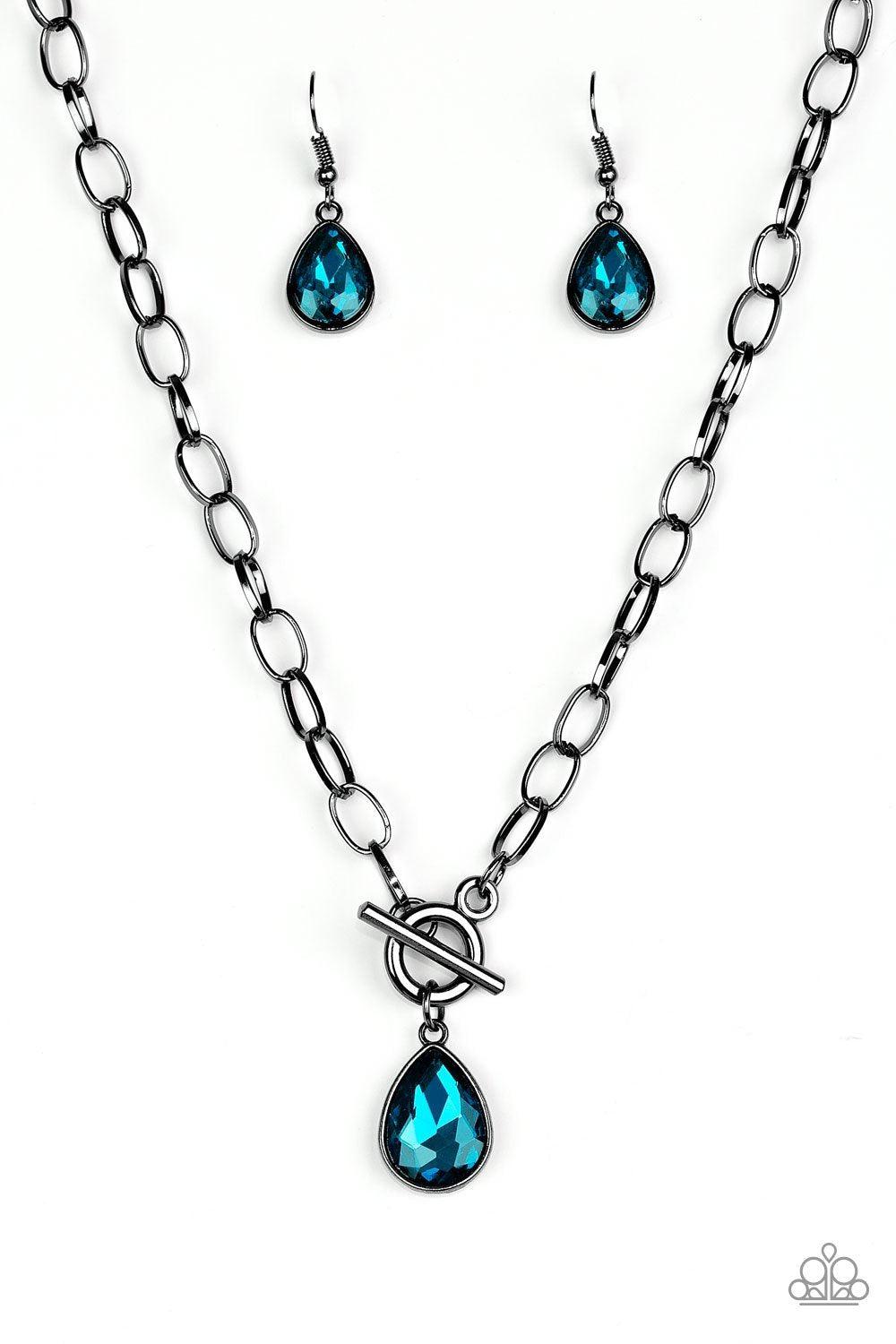 So Sorority Gunmetal and Blue Gem Necklace - Paparazzi Accessories- on model - CarasShop.com - Paparazzi Jewelry by Cara Jewels