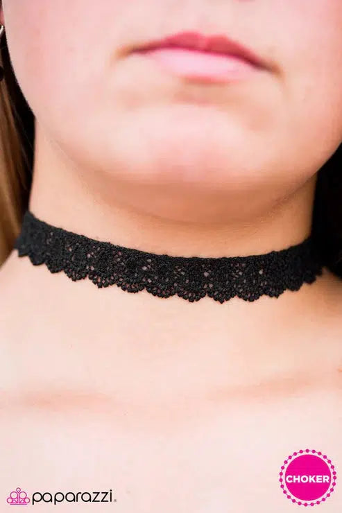 So Victorian Black Lace Choker Necklace - Paparazzi Accessories- on model - CarasShop.com - Paparazzi Jewelry by Cara Jewels