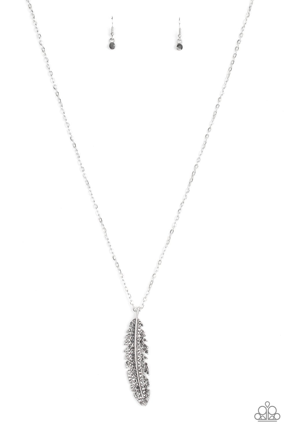 Soaring High Silver and Hematite Rhinestone Feather Necklace - Paparazzi Accessories- lightbox - CarasShop.com - Paparazzi Jewelry by Cara Jewels