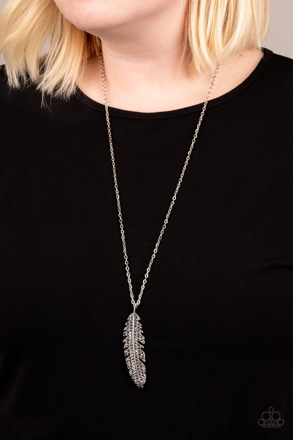 Soaring High Silver and Hematite Rhinestone Feather Necklace - Paparazzi Accessories- on model - CarasShop.com - Paparazzi Jewelry by Cara Jewels