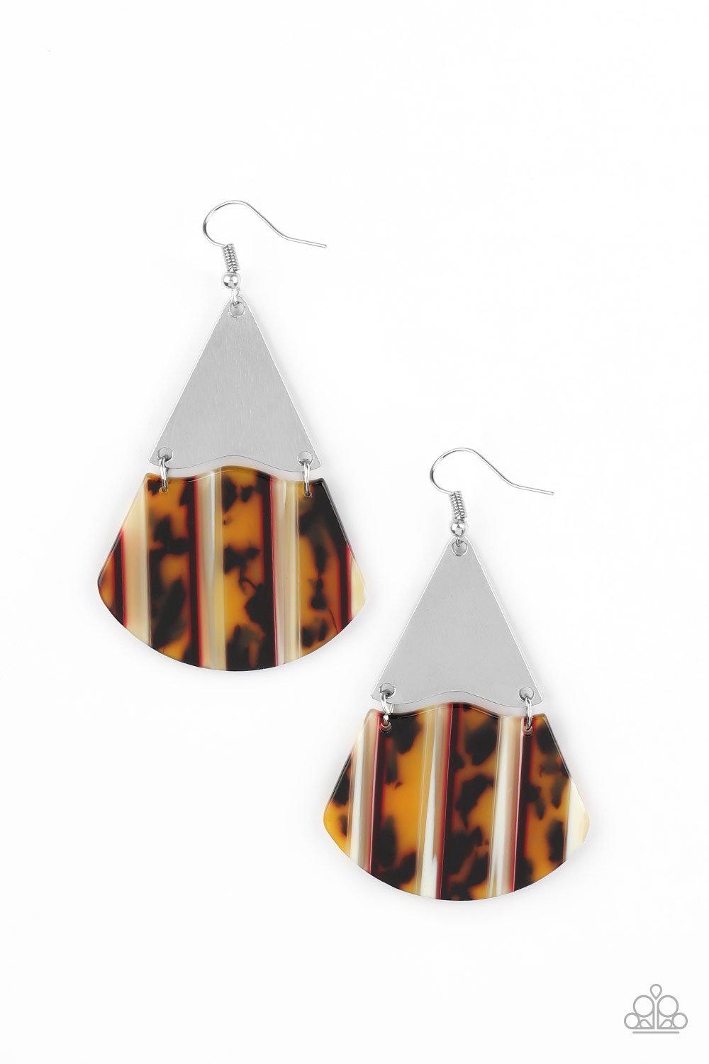 Social Animal Yellow and Brown Tortoise Shell Acrylic Earrings - Paparazzi Accessories- on model - CarasShop.com - Paparazzi Jewelry by Cara Jewels