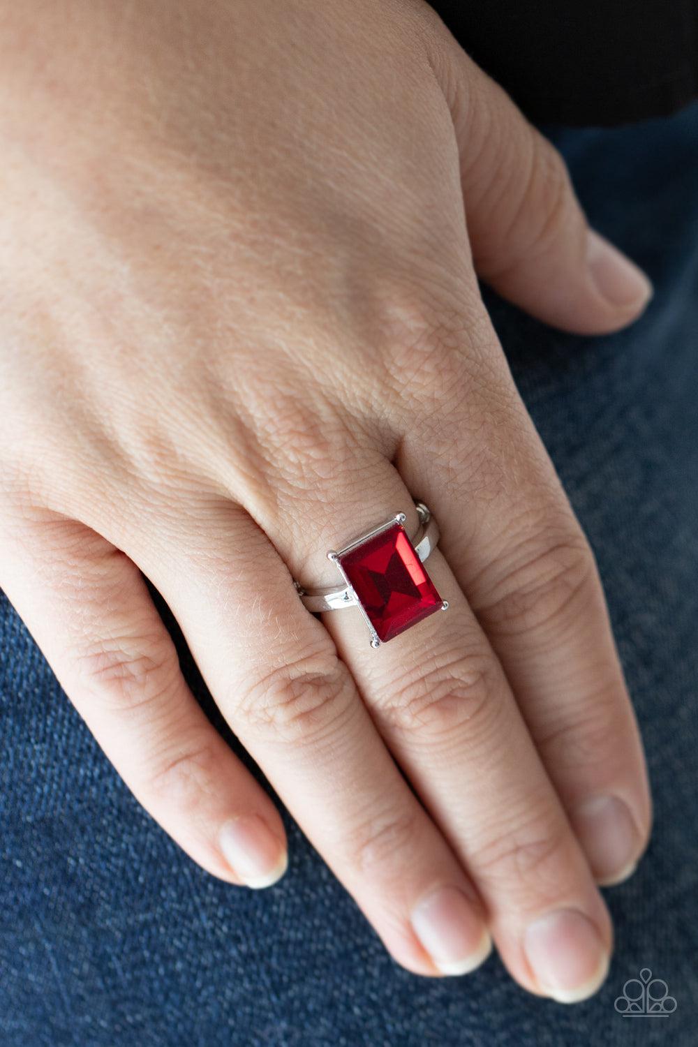 Social Glow Red Rhinestone Ring - Paparazzi Accessories- on model - CarasShop.com - Paparazzi Jewelry by Cara Jewels