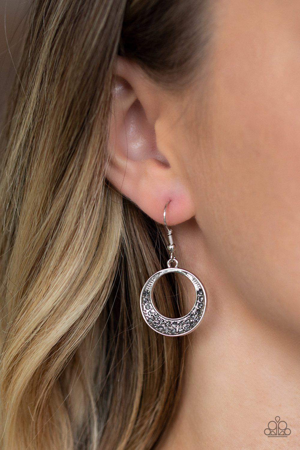 Socialite Luster Silver Rhinestone Earrings - Paparazzi Accessories- on model - CarasShop.com - Paparazzi Jewelry by Cara Jewels