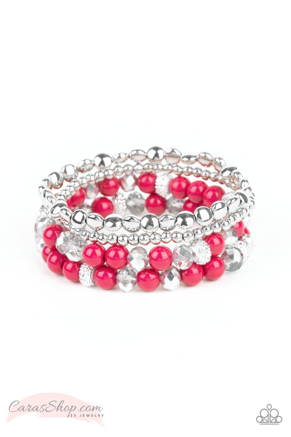 Socialize Pink Stretch Bracelet Set - Paparazzi Accessories- on model - CarasShop.com - Paparazzi Jewelry by Cara Jewels
