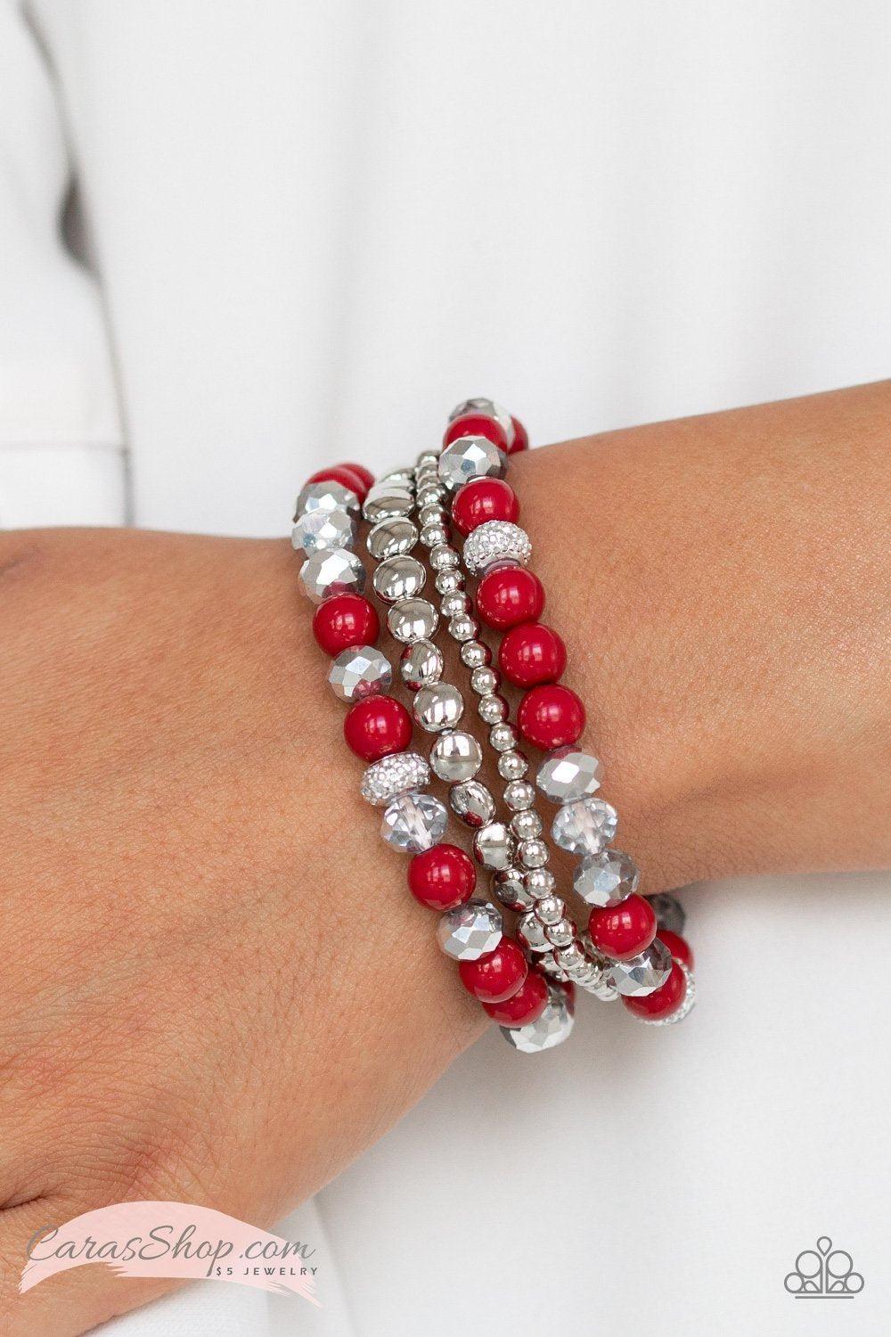 Socialize Red Stretch Bracelet Set - Paparazzi Accessories- lightbox - CarasShop.com - Paparazzi Jewelry by Cara Jewels