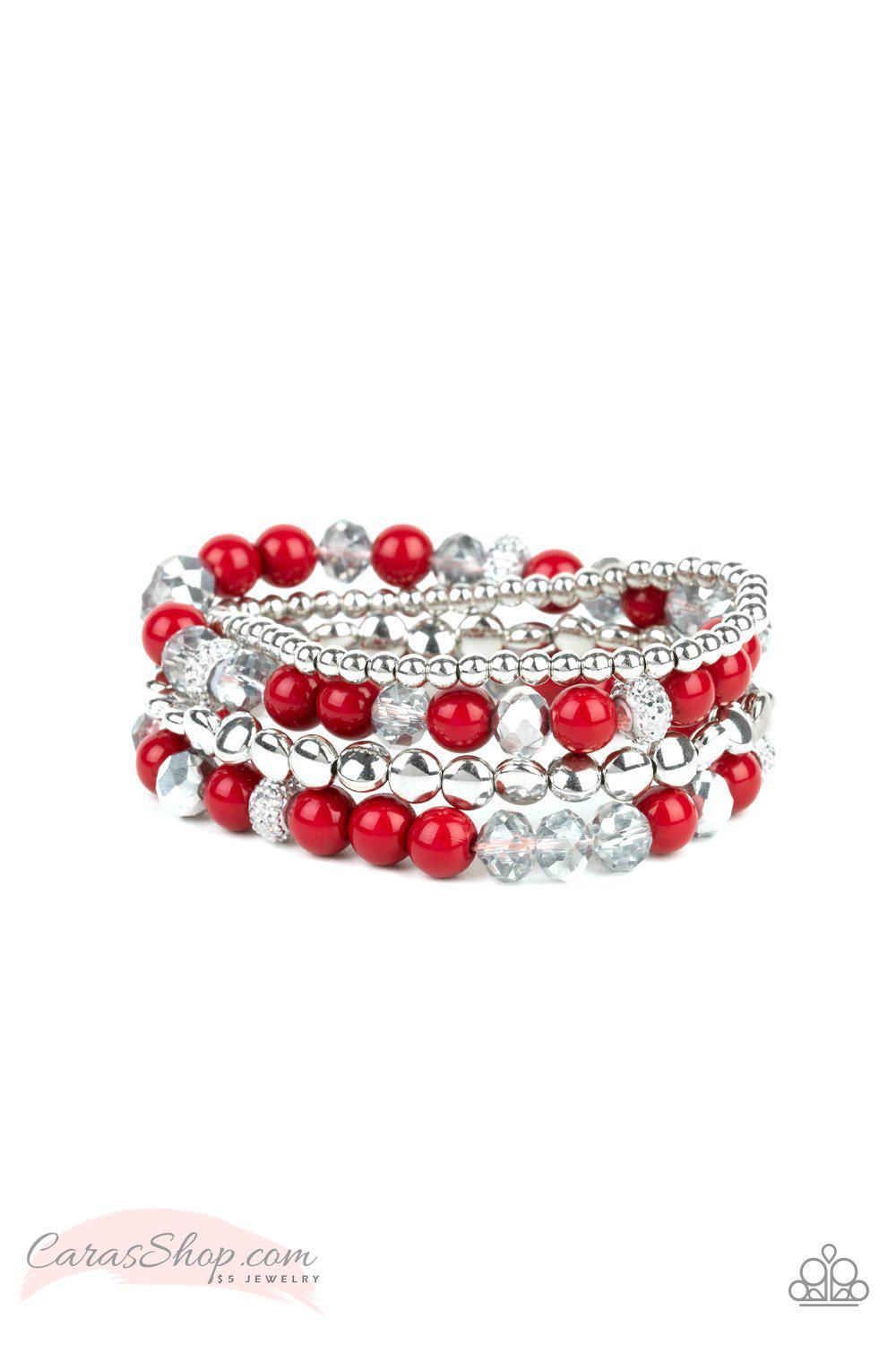 Socialize Red Stretch Bracelet Set - Paparazzi Accessories- on model - CarasShop.com - Paparazzi Jewelry by Cara Jewels