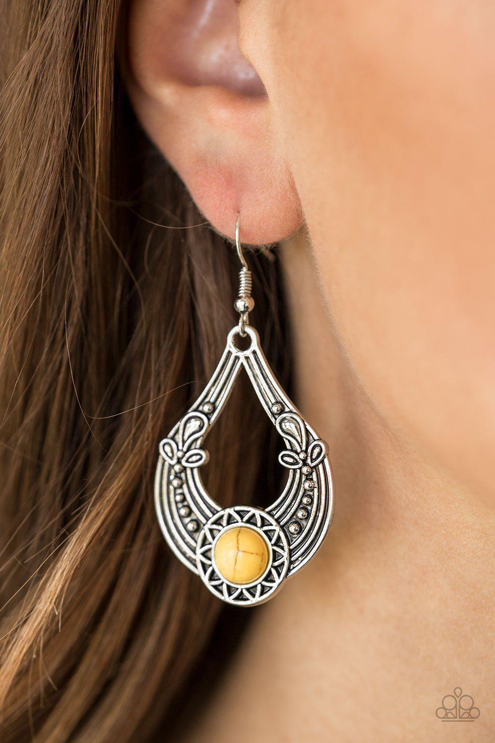 Sol Sonata Silver and Yellow Stone Earrings - Paparazzi Accessories- on model - CarasShop.com - Paparazzi Jewelry by Cara Jewels