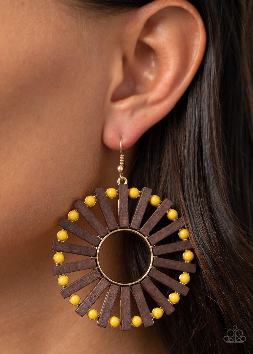 Solar Flare Yellow and Brown Wood Earrings - Paparazzi Accessories- lightbox - CarasShop.com - Paparazzi Jewelry by Cara Jewels
