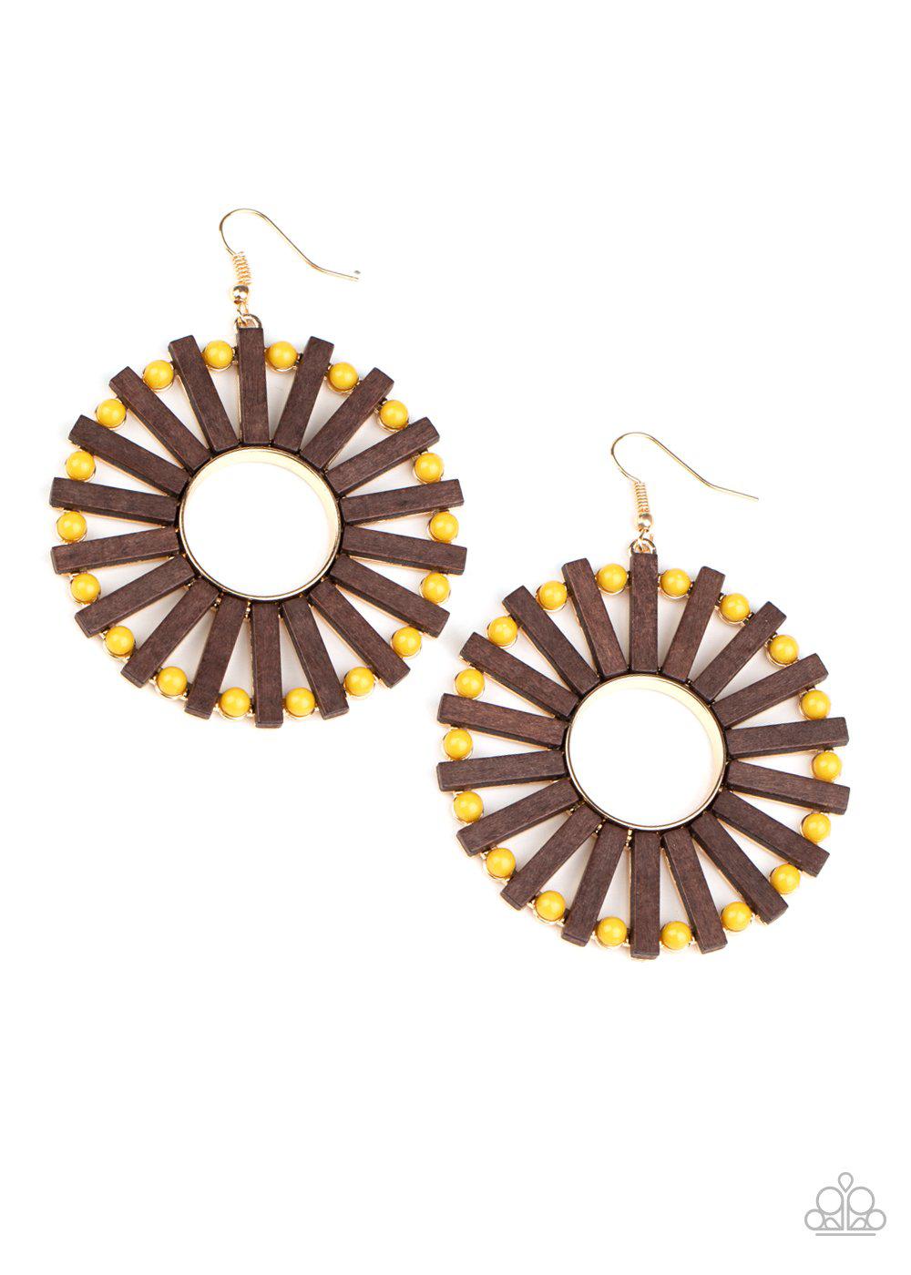 Solar Flare Yellow and Brown Wood Earrings - Paparazzi Accessories- on model - CarasShop.com - Paparazzi Jewelry by Cara Jewels