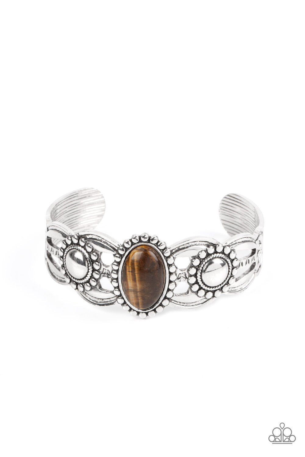 Solar Solstice Brown Tiger's Eye Stone and Silver Cuff Bracelet - Paparazzi Accessories- lightbox - CarasShop.com - Paparazzi Jewelry by Cara Jewels