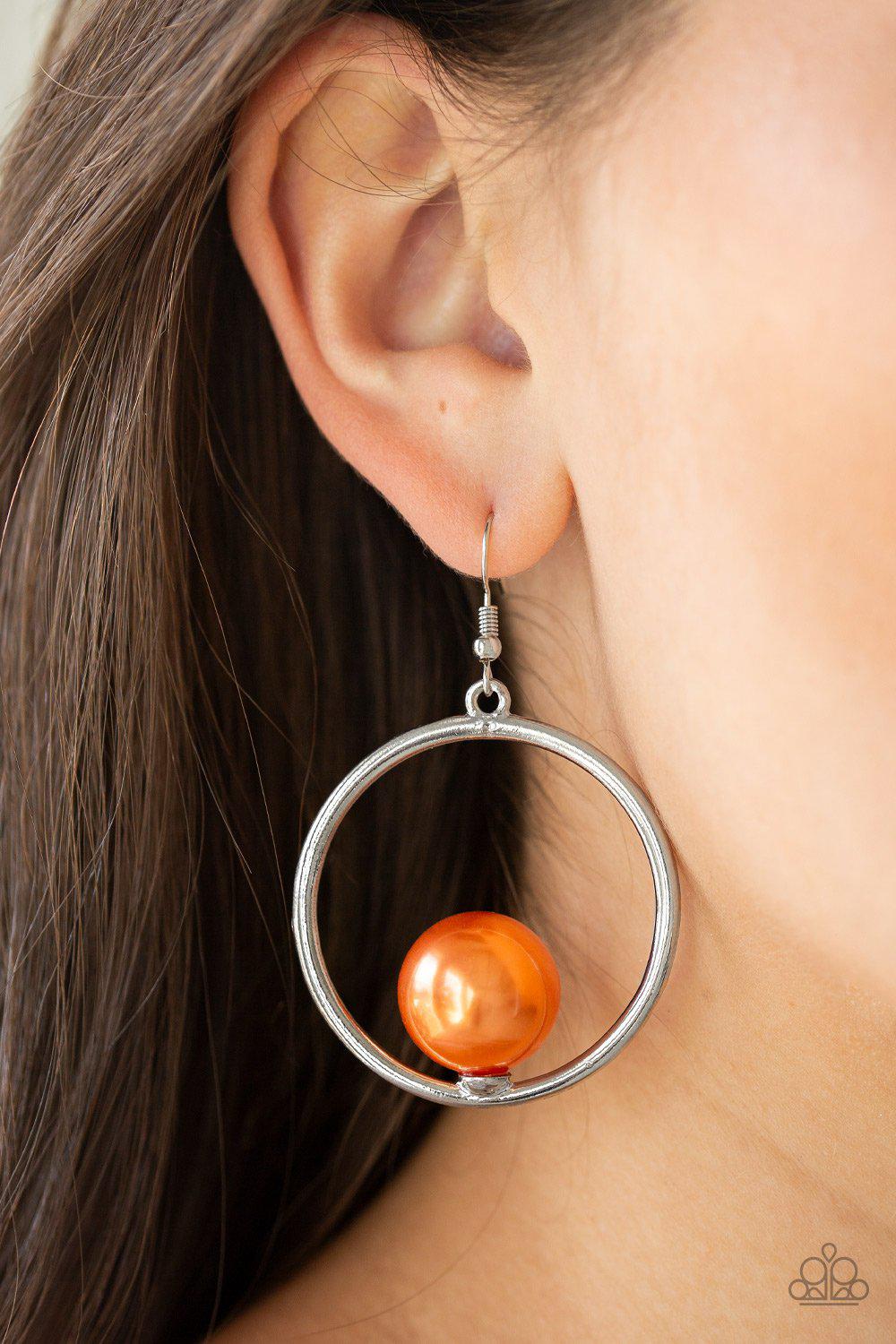 Solitaire REFINEMENT Orange Pearl Earrings - Paparazzi Accessories- lightbox - CarasShop.com - Paparazzi Jewelry by Cara Jewels