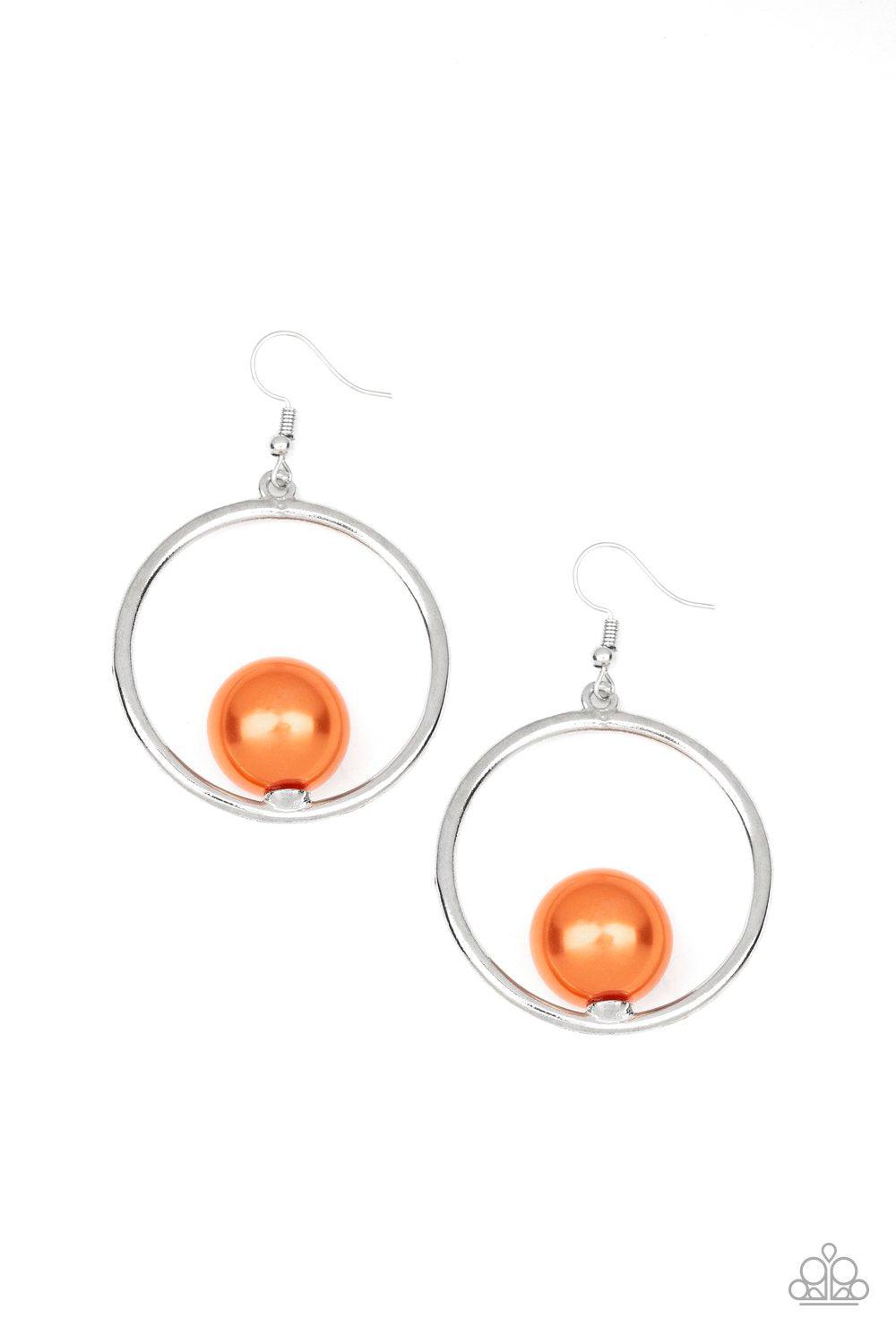Solitaire REFINEMENT Orange Pearl Earrings - Paparazzi Accessories- on model - CarasShop.com - Paparazzi Jewelry by Cara Jewels