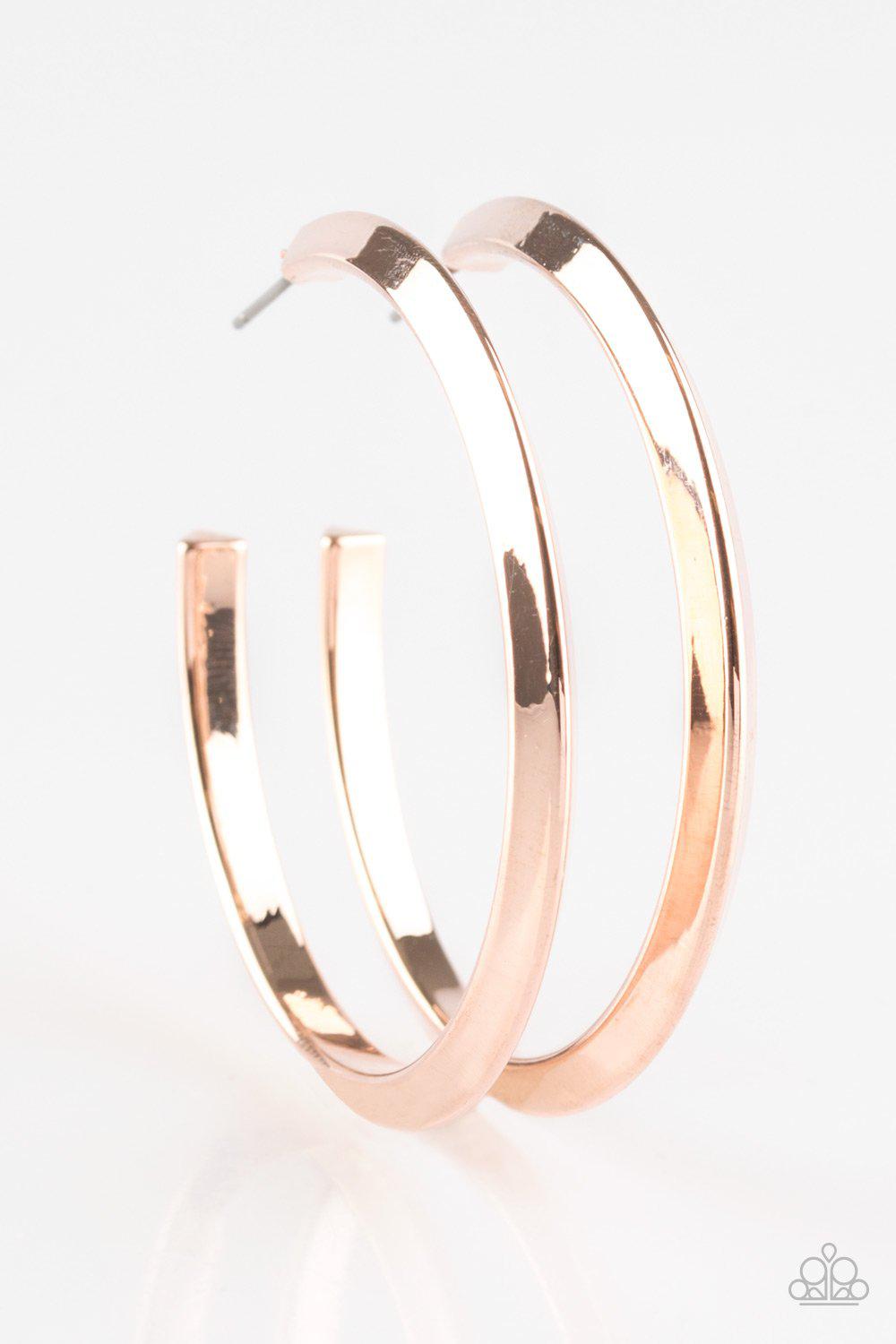 Some Like It HAUTE Rose Gold Hoop Earrings - Paparazzi Accessories- on model - CarasShop.com - Paparazzi Jewelry by Cara Jewels