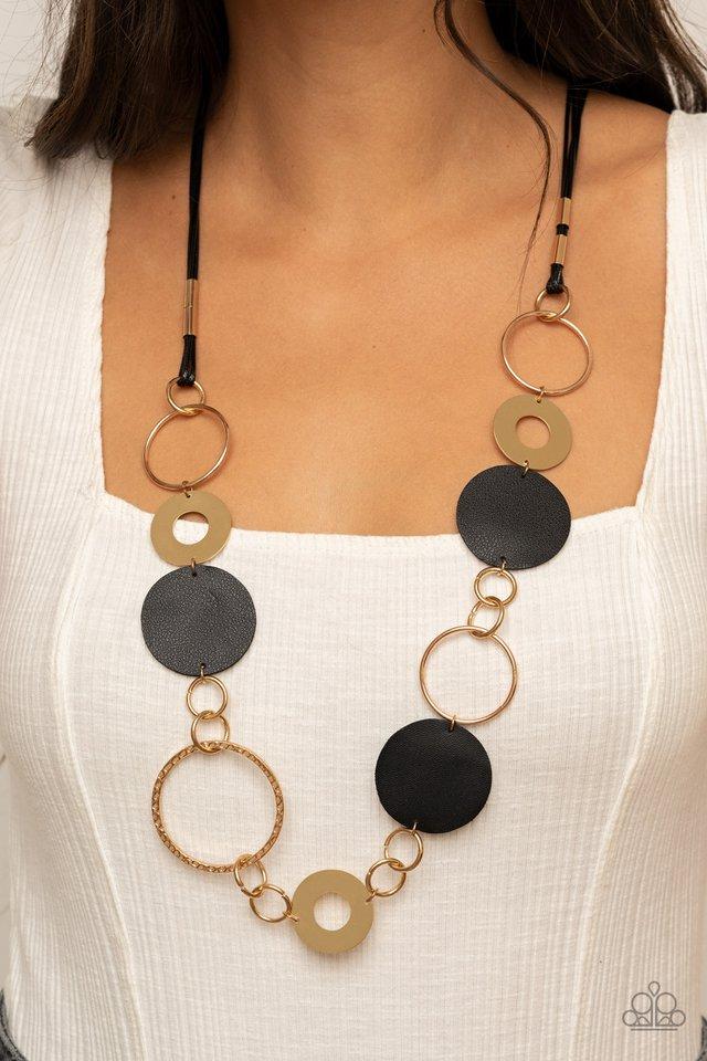 Sooner or LEATHER Black and Gold Necklace - Paparazzi Accessories- lightbox - CarasShop.com - Paparazzi Jewelry by Cara Jewels