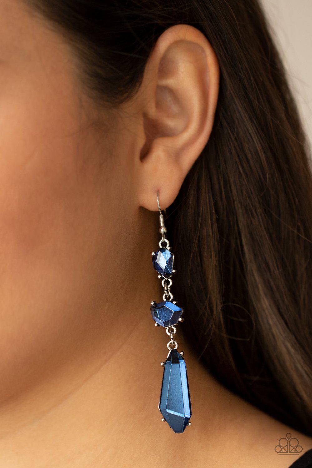 Sophisticated Smolder Blue Rhinestone Earrings - Paparazzi Accessories- on model - CarasShop.com - Paparazzi Jewelry by Cara Jewels