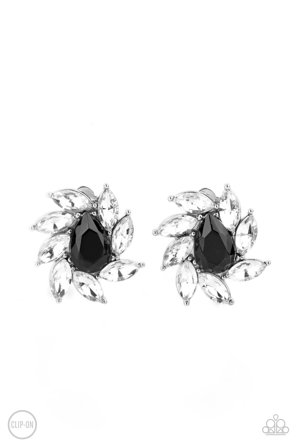 Sophisticated Swirl Black and White Rhinestone Clip-on Earrings - Paparazzi Accessories- lightbox - CarasShop.com - Paparazzi Jewelry by Cara Jewels