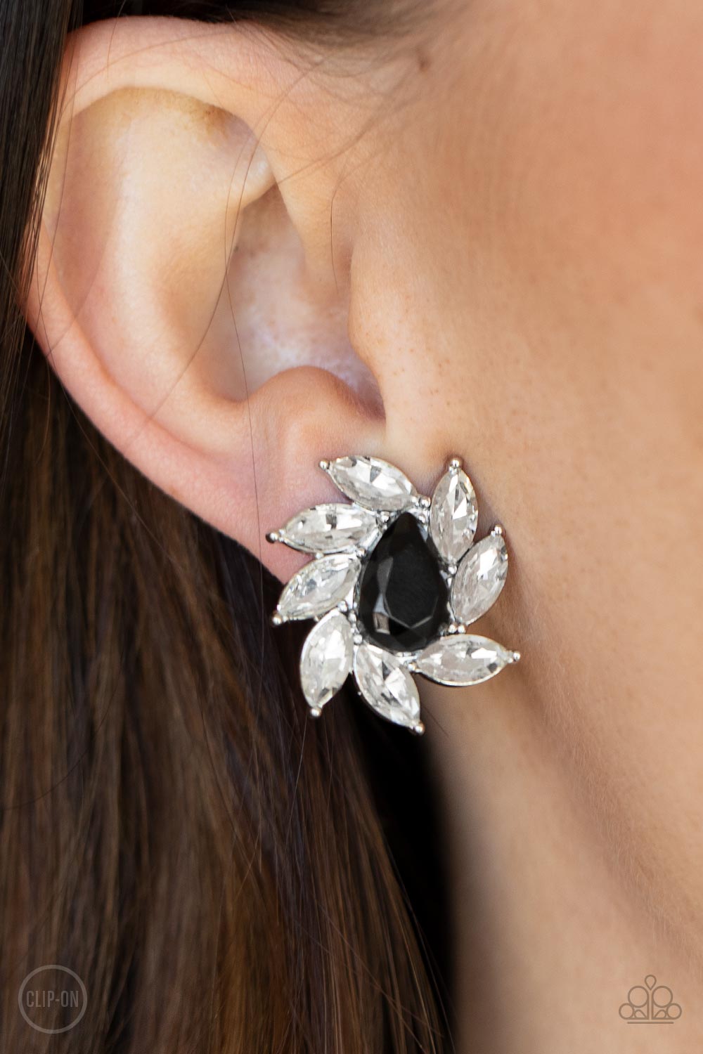Sophisticated Swirl Black and White Rhinestone Clip-on Earrings - Paparazzi Accessories- on model - CarasShop.com - Paparazzi Jewelry by Cara Jewels