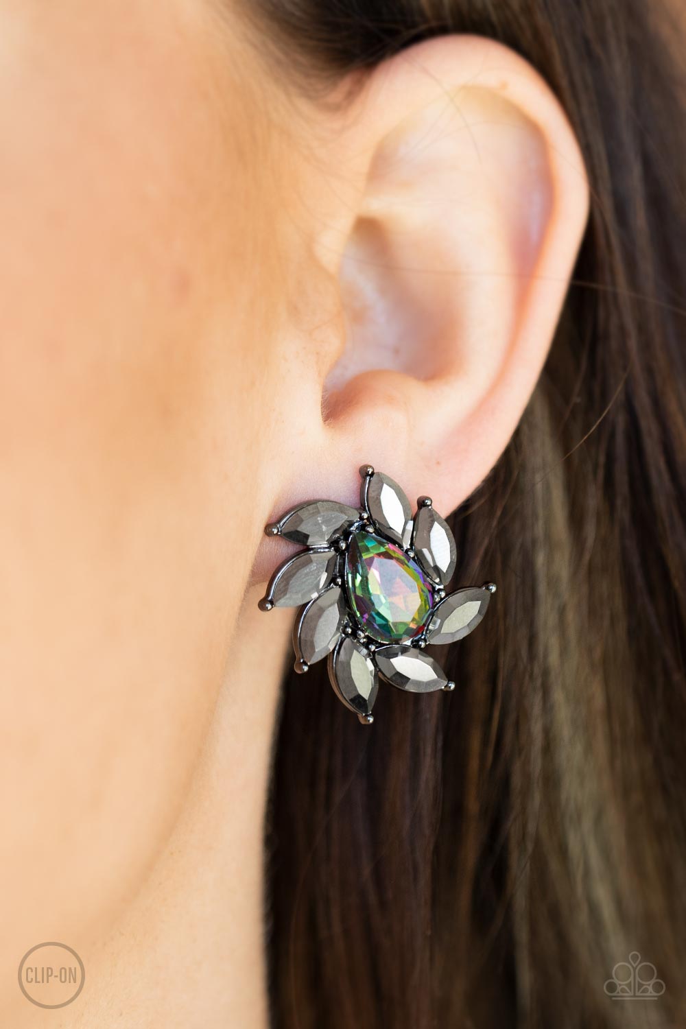 Sophisticated Swirl Multi "Oil Spill" Rhinestone Clip-On Earrings- lightbox - CarasShop.com - Paparazzi Jewelry by Cara Jewels
