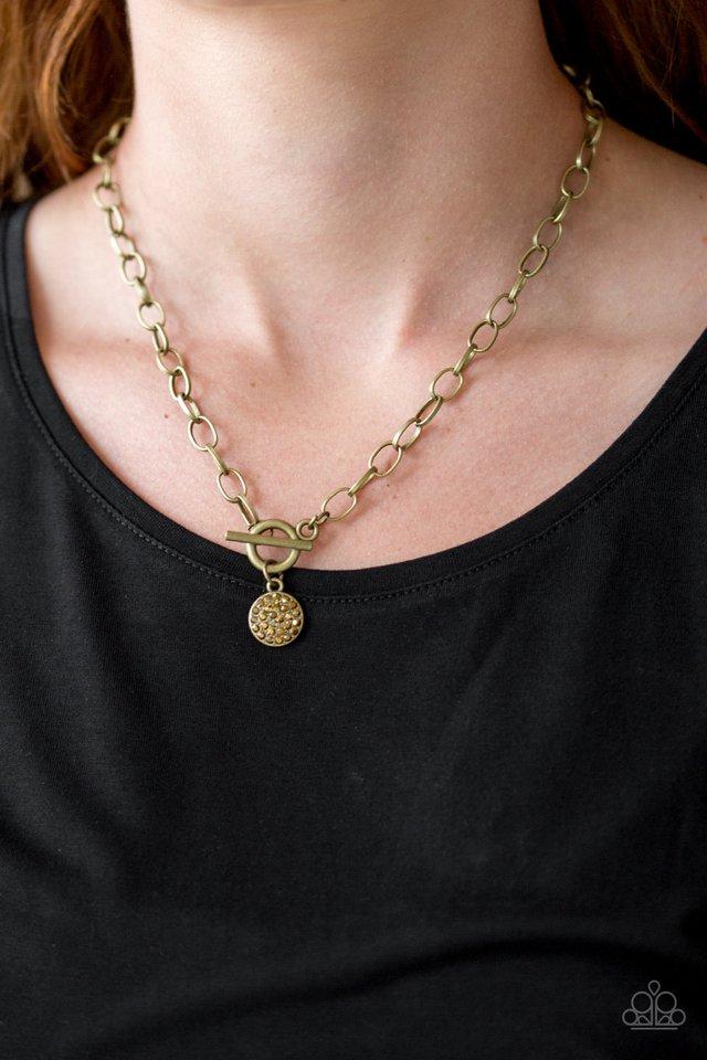 Sorority Sisters Brass Rhinestone Necklace - Paparazzi Accessories- on model - CarasShop.com - Paparazzi Jewelry by Cara Jewels