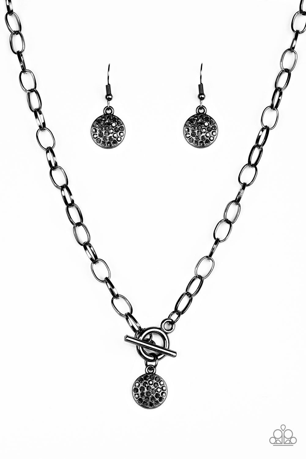 Sorority Sisters Gunmetal Black and Hematite Rhinestone Necklace - Paparazzi Accessories- on model - CarasShop.com - Paparazzi Jewelry by Cara Jewels