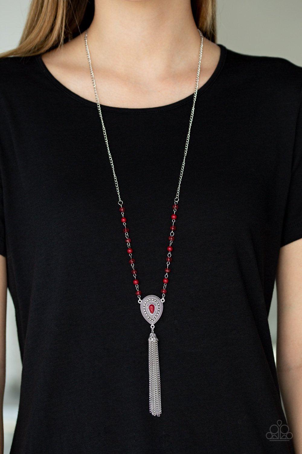 Soul Quest Red and Silver Tassel Necklace - Paparazzi Accessories- on model - CarasShop.com - Paparazzi Jewelry by Cara Jewels