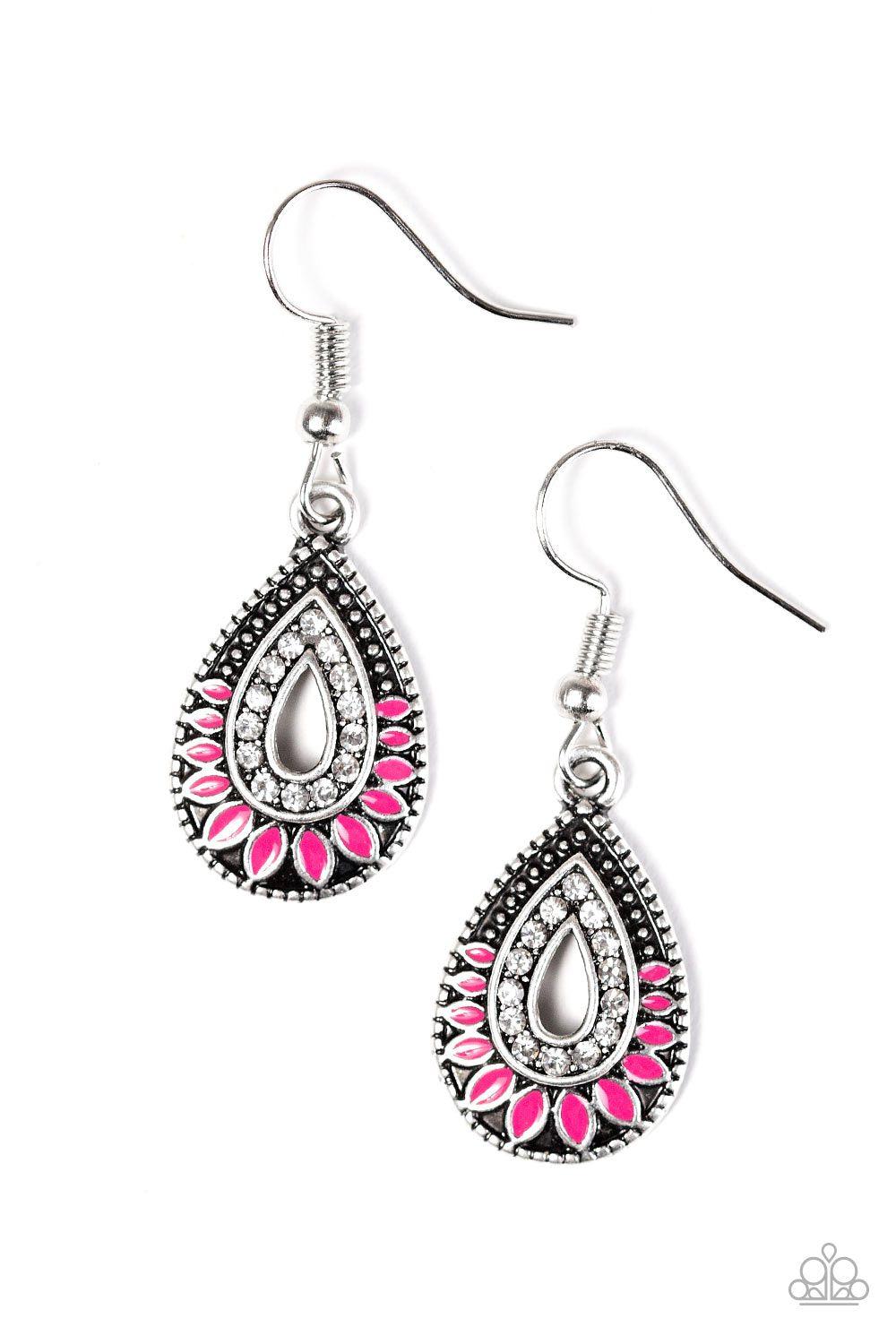 South Beach Sunsets Pink Teardrop Earrings - Paparazzi Accessories- on model - CarasShop.com - Paparazzi Jewelry by Cara Jewels