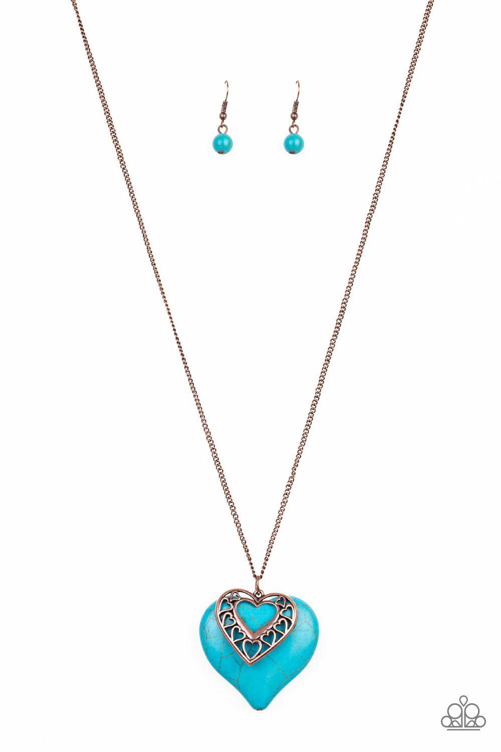 Southern Heart Copper and Turquoise Blue Stone Necklace - Paparazzi Accessories- on model - CarasShop.com - Paparazzi Jewelry by Cara Jewels