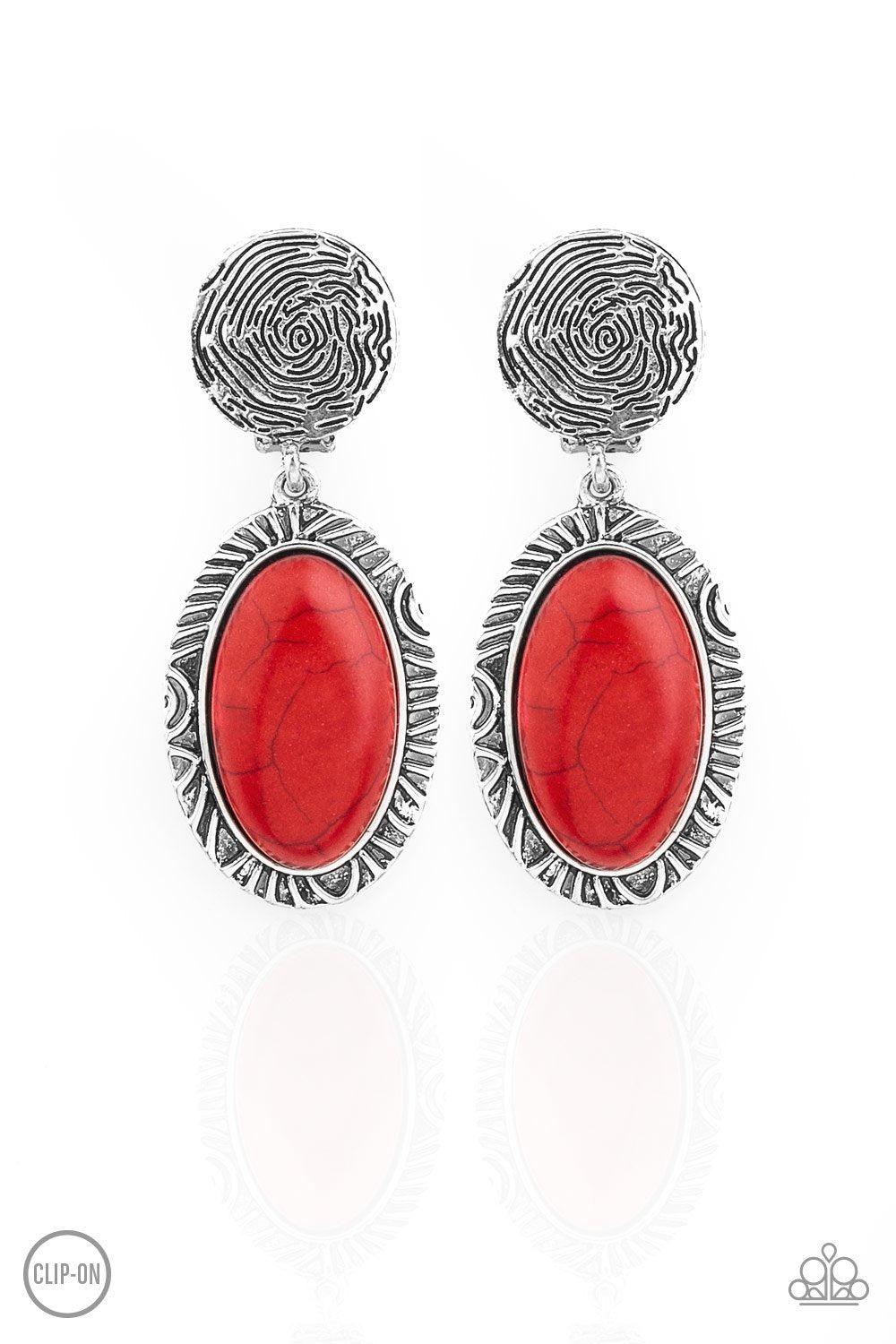 Southern Impressions Red Stone Clip On Earrings - Paparazzi Accessories- lightbox - CarasShop.com - Paparazzi Jewelry by Cara Jewels