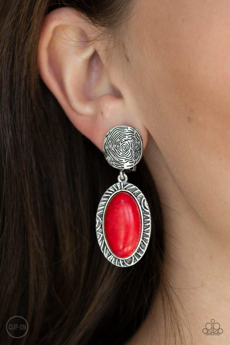 Southern Impressions Red Stone Clip On Earrings - Paparazzi Accessories- on model - CarasShop.com - Paparazzi Jewelry by Cara Jewels